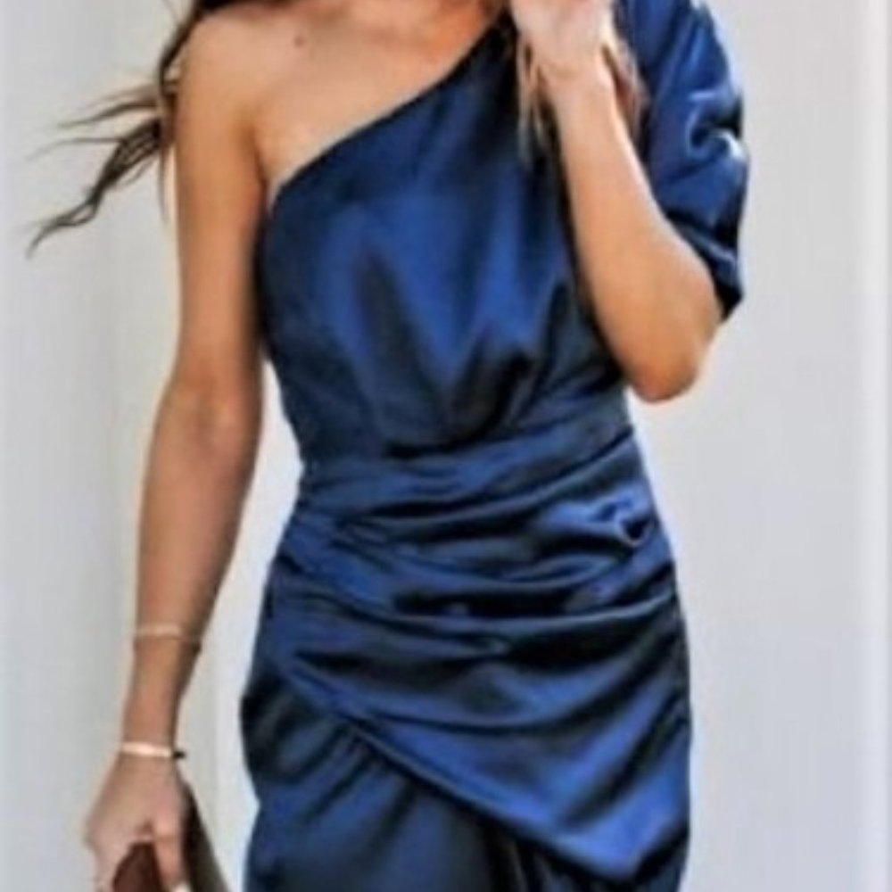 Satin Drape One Shoulder Midi Dress- Navy- VICI